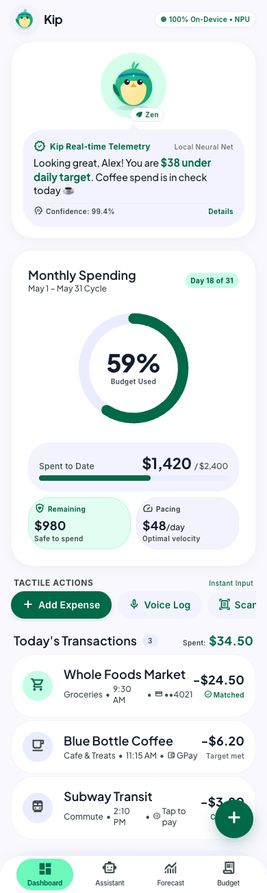 Kip Android budgeting app screen from the reviewed local build.