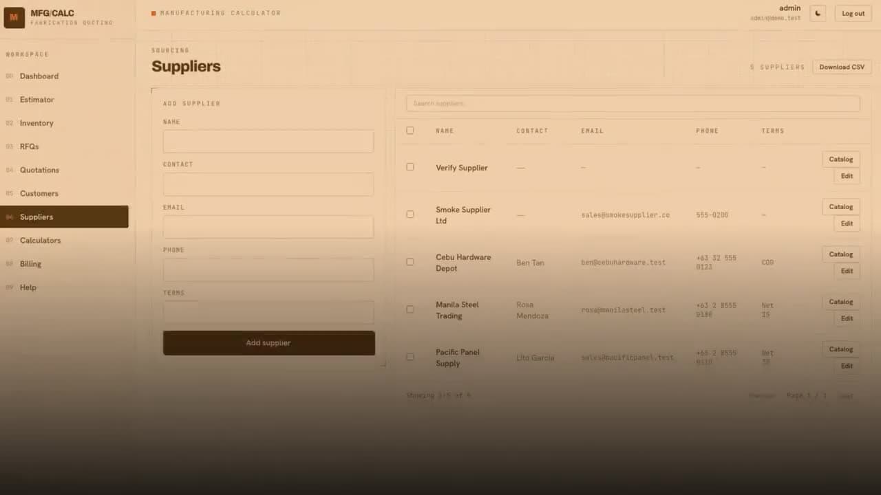 MFG Calculator showing a cabinet-manufacturing quotation workflow.